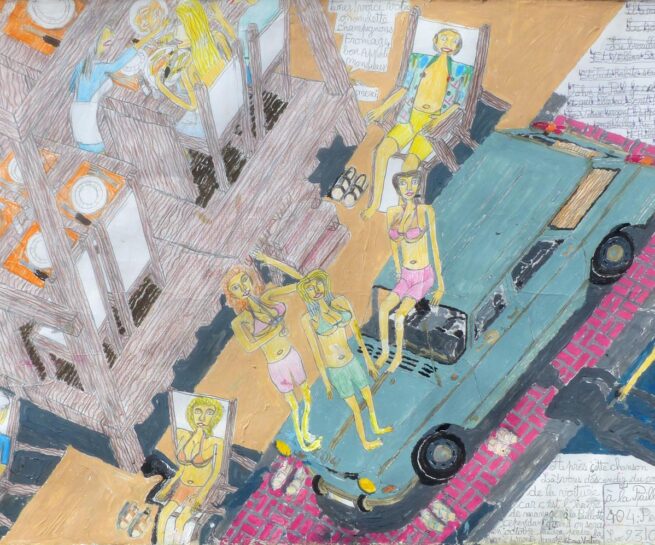 painting with yellow figures, a blue car work by Jean Crié, À la papillote en 1972, 2021