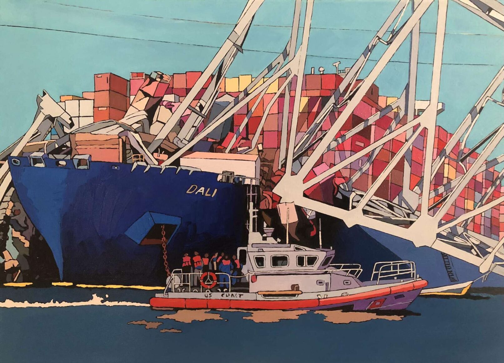 painting shows the dali ship hitting the baltiore bridge. In front there is a small coast guard ship that has some people on it