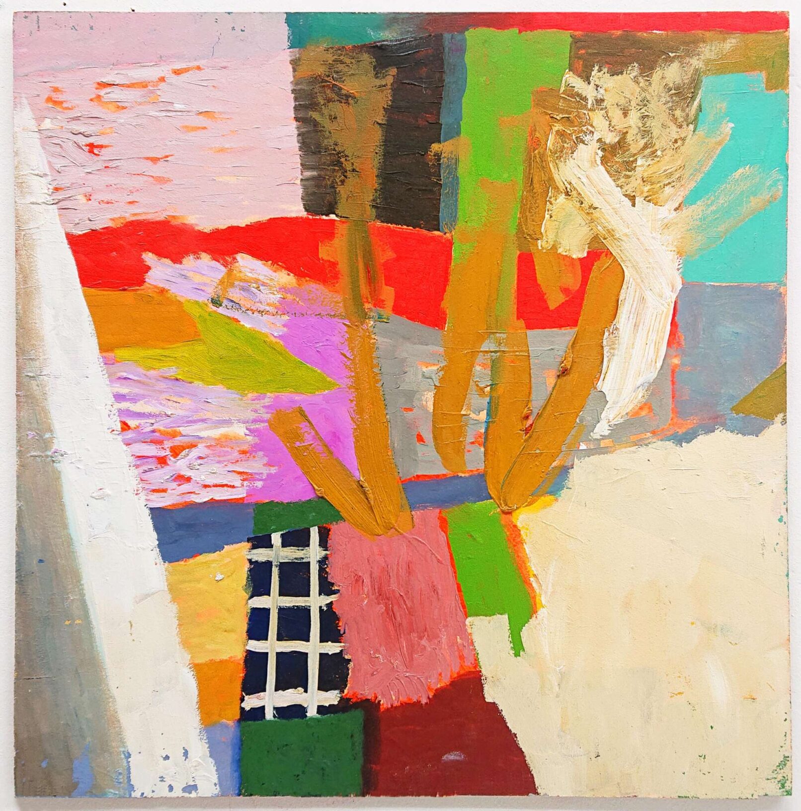 abstract painting with pink, green brown turquoise and beige colours work by Johan Sandström, Homecoming, 2021