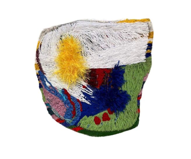 an artwork with hairy texture. Main colours are white, yellow, green and a small dark blue area