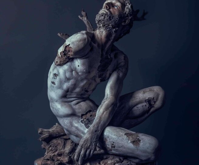 sculpture of a kneeing person watching above work by Dimosthenis Gallis, Trauma, 2024