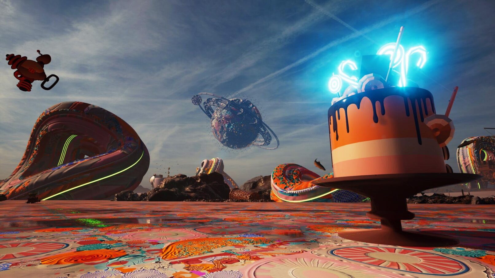 a render of a world that look orange. There are some flying objects and a neon sign. work by Konstantinos Tiligadis Dim Agathopoulos, oxymoron, 2024, Two-channel video installation