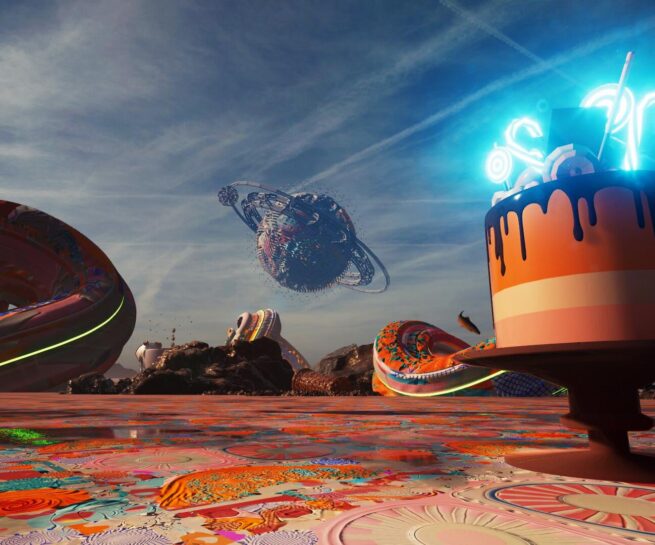 a render of a world that look orange. There are some flying objects and a neon sign. work by Konstantinos Tiligadis Dim Agathopoulos, oxymoron, 2024, Two-channel video installation