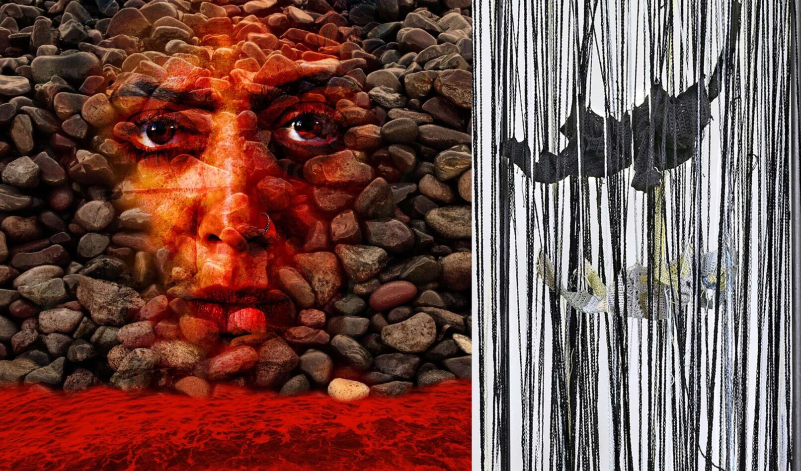 Two artworks by Maria Stamati, Fall – Survival, 2022, and Costas Vittis, The Red Sea, 2023