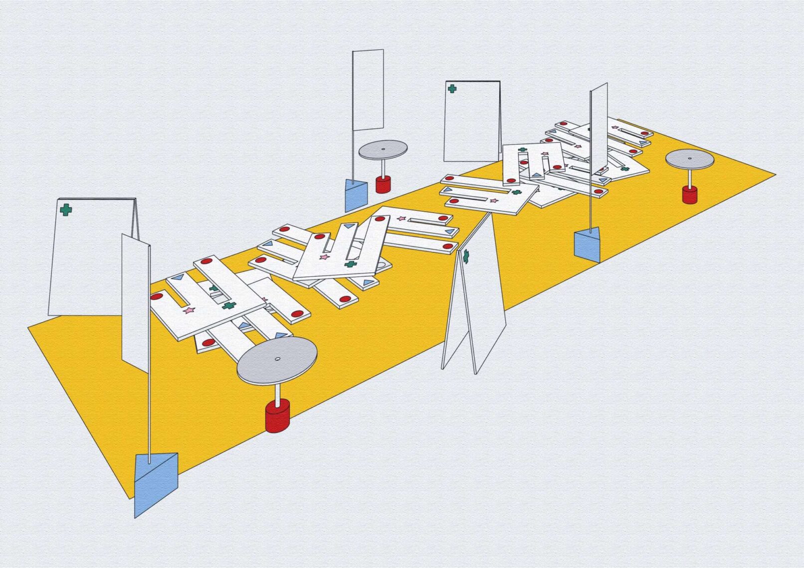 illustration of various shapes that look like papers on a yellow table