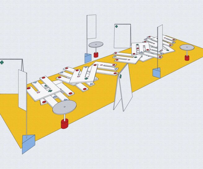 illustration of various shapes that look like papers on a yellow table