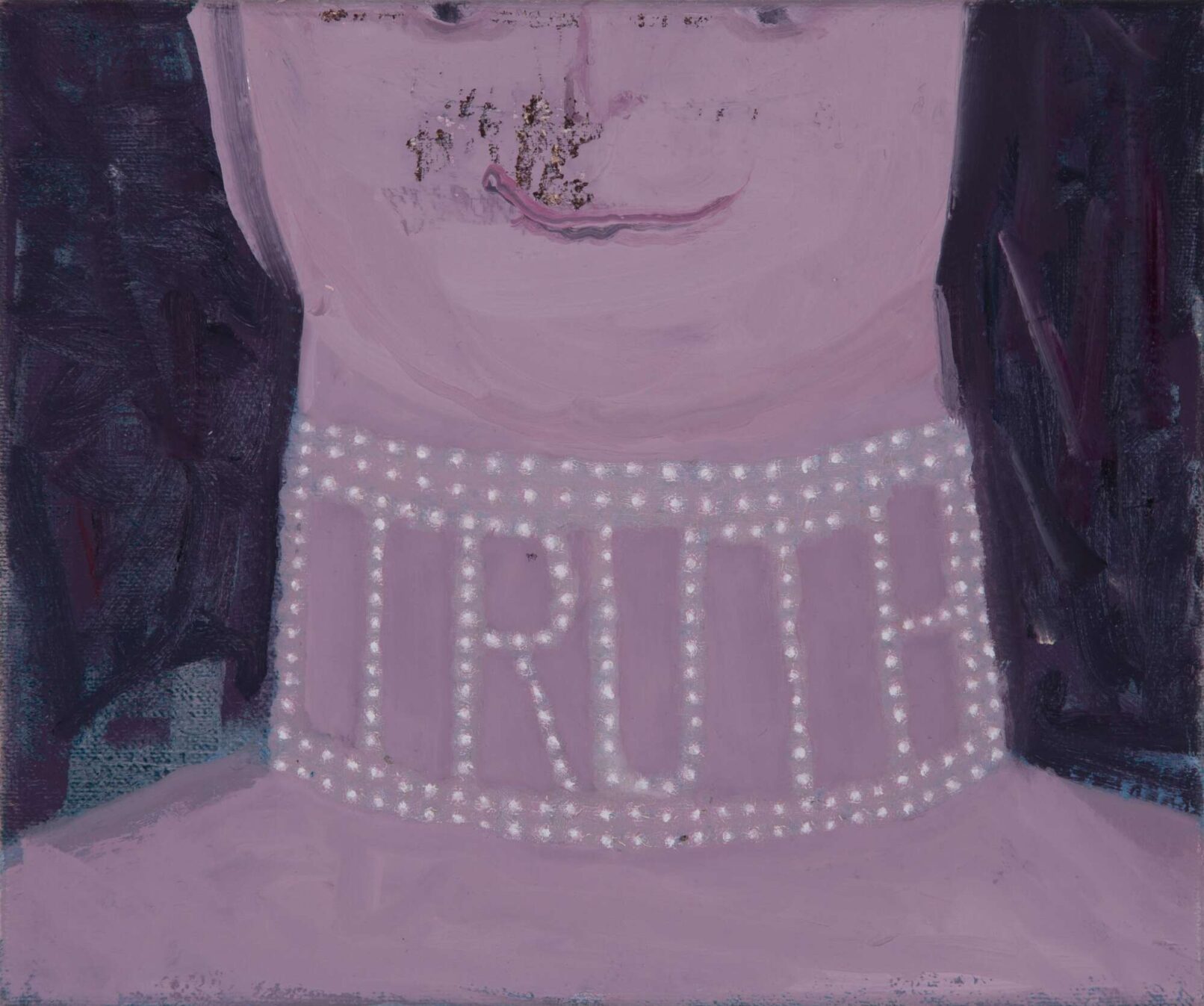 painting neckless writes truth on a purple-pink neck work by Michael Fanta, Turning Lies into Truth, 2024