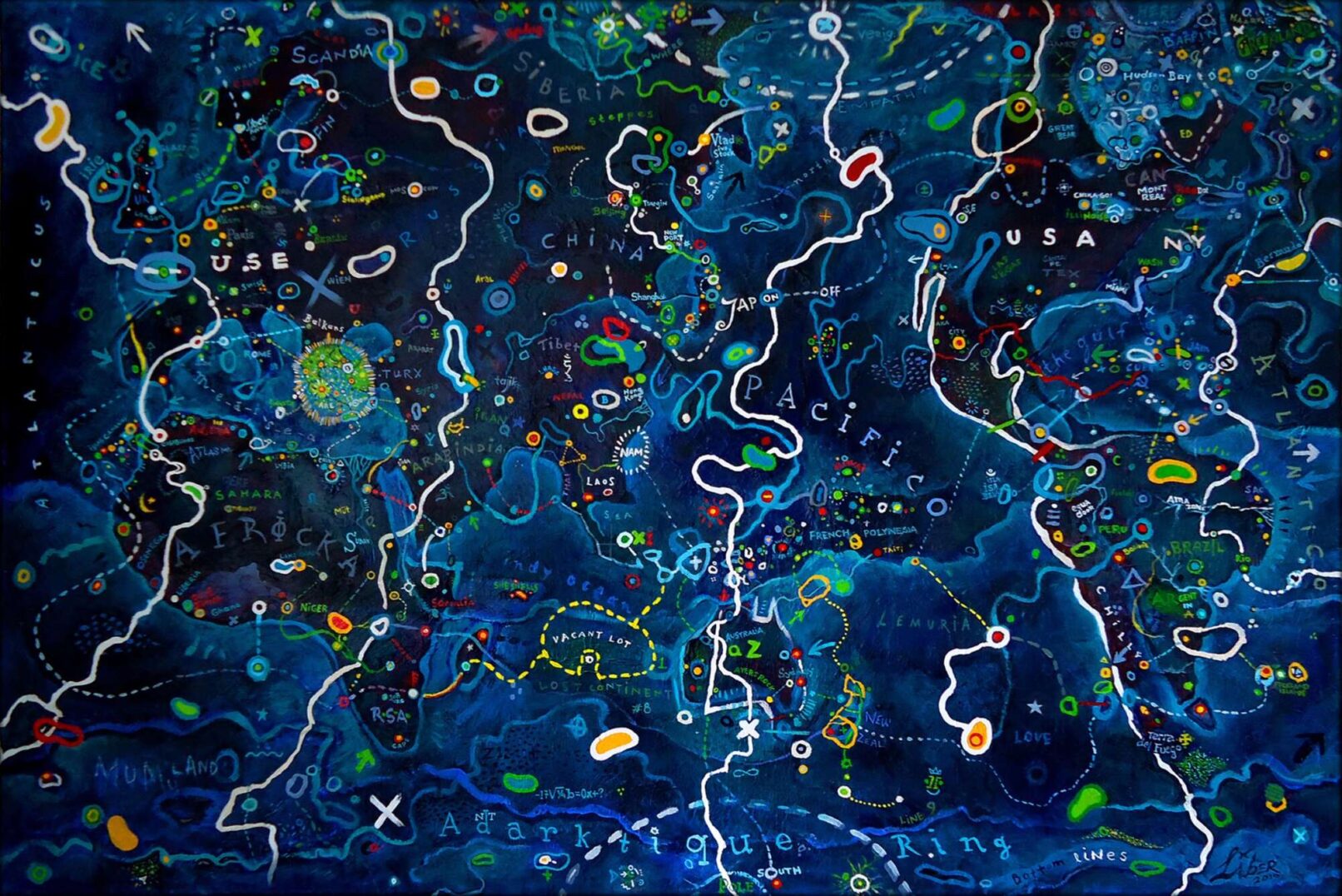 painting with main colour dark blue by Nikos Liberopoulos, World Night Moves, 2012