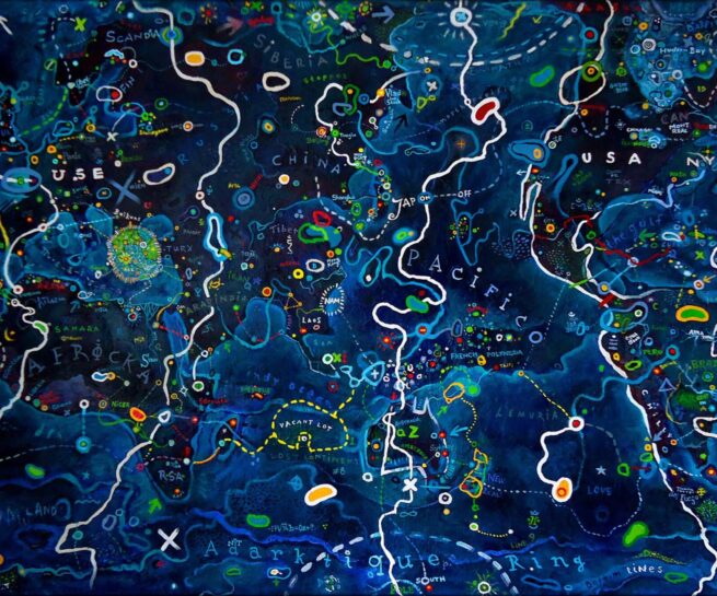 painting with main colour dark blue by Nikos Liberopoulos, World Night Moves, 2012