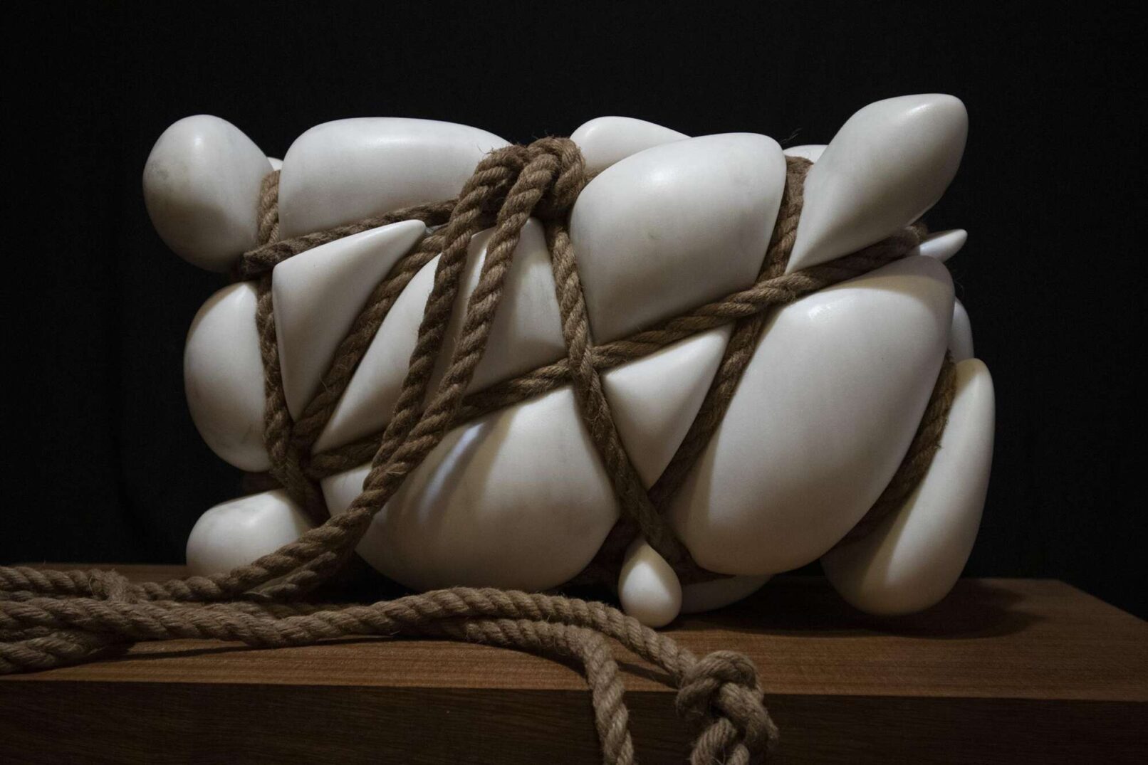 sculpture with marble and rope work by Spyros Koikas, Action-Reaction, 2024