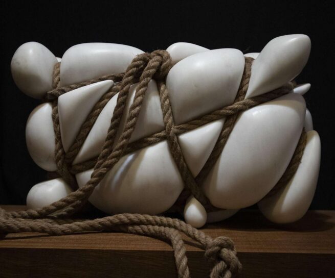 sculpture with marble and rope work by Spyros Koikas, Action-Reaction, 2024