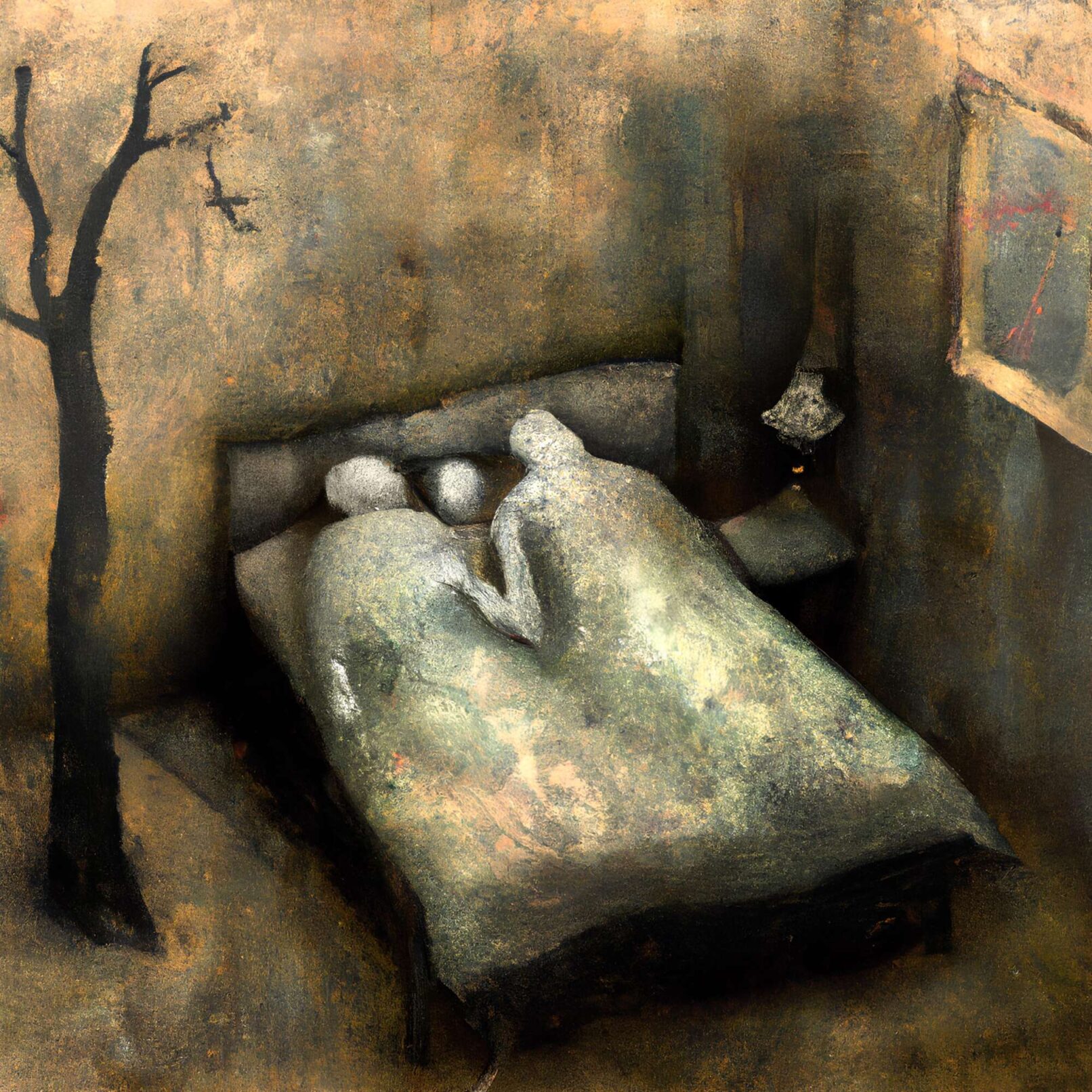Painting shows to figures lying on a bed holding hands. On the left of the bed there is a tree. In between the figures there is a circle shape like another small head. work by Kostis Argyriadis, Couple at home, 2024