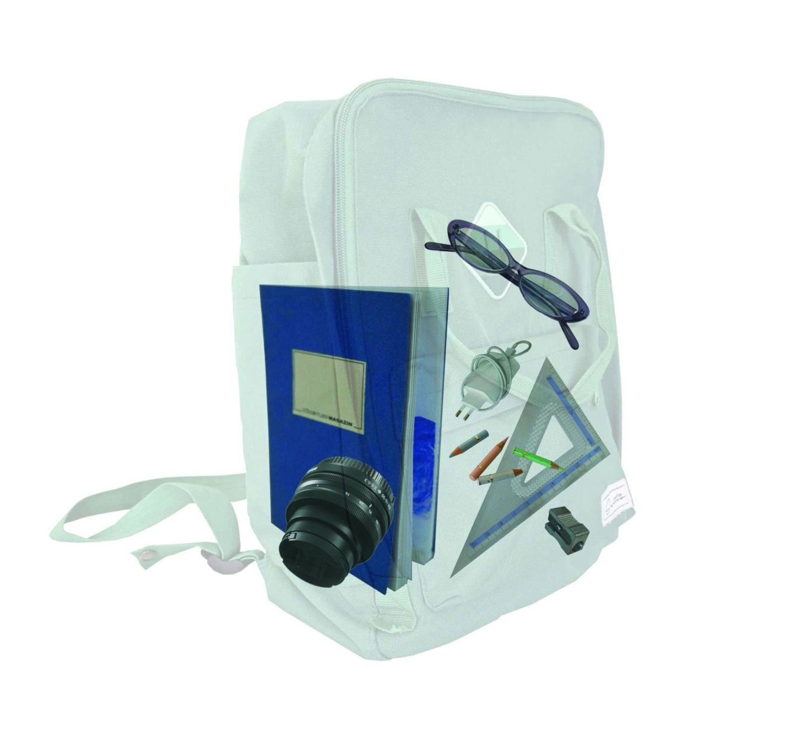 An artwork that show a transparent bag that inside has a camera lens a notebook, sunglasses a ruller and other small items. Work by Vasiliki Pantazi, Mobile laboratory (Laboratory that travels), 2024