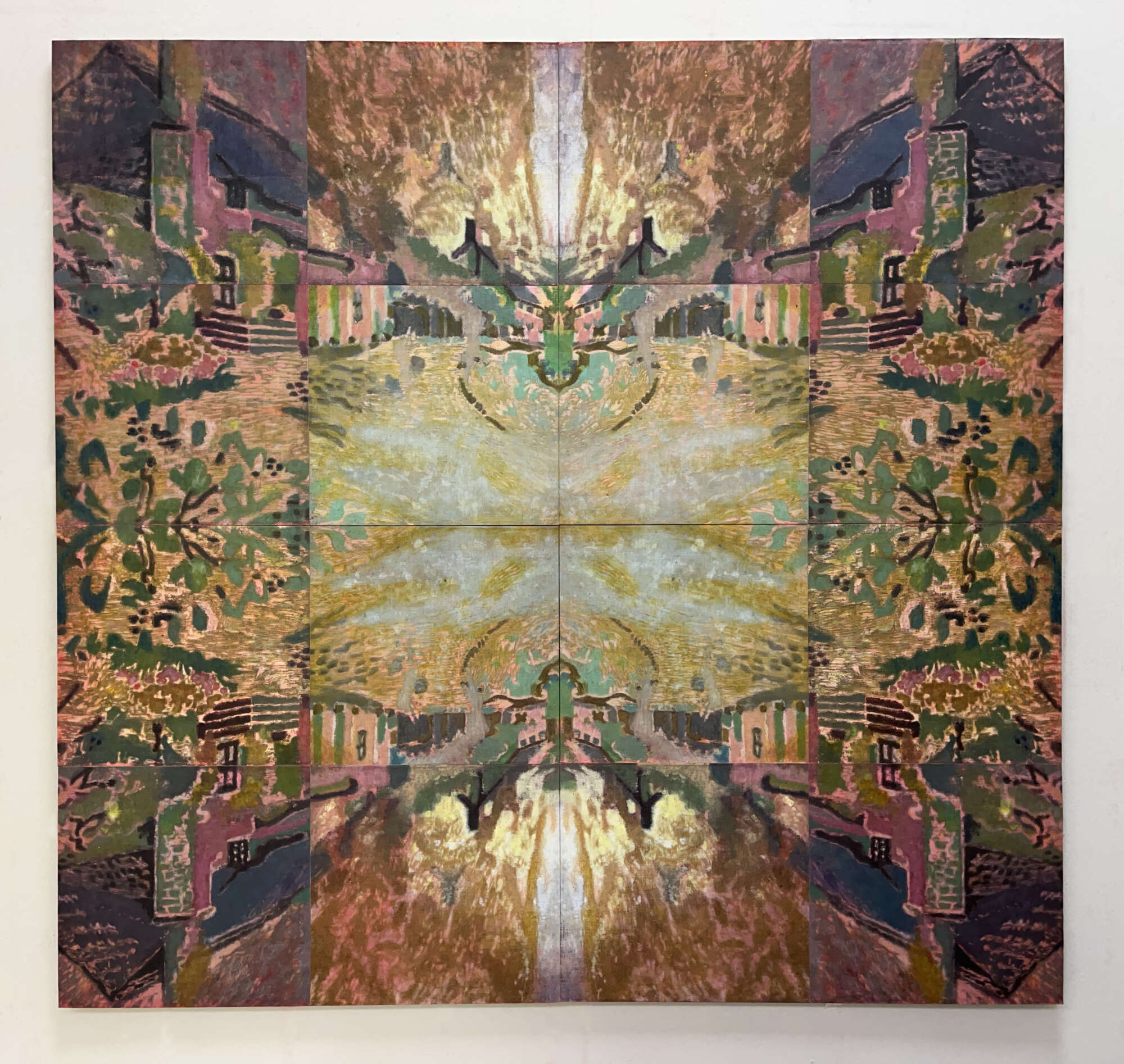 Bella Easton painting. Abstract painting with a kaleidoscopic effect. Golden green colours