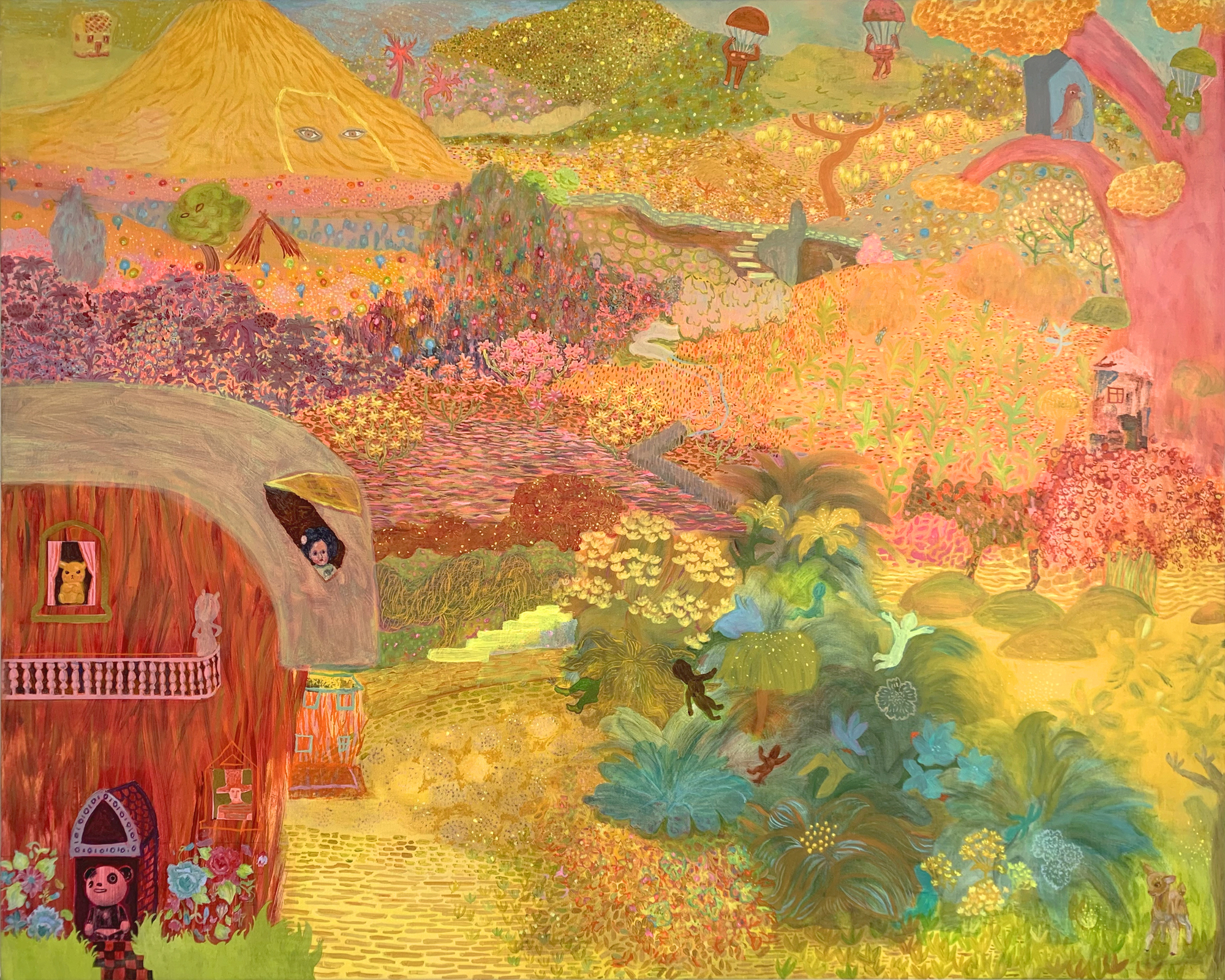 Jackie Berrige painting. An orange red house in a yellowish field with some green flowers