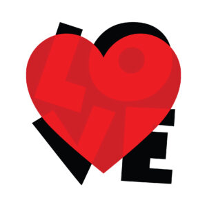 red heart with opacity and the word love behind the heart