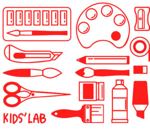 kids lab illustration style with red brush showing paints brushes and other material for the lab